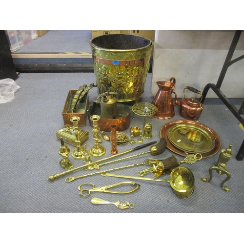 459 - A selection of Victorian and later brass and copper ware to include a coal bucket with embossed bow ... 