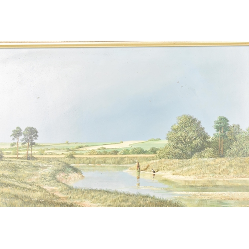 283 - John G Mace (XX/XXI) British, countryside landscape with a man fishing by a river with his dog, sign... 