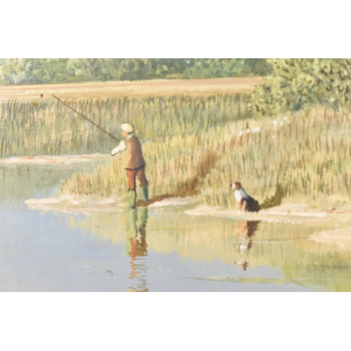 283 - John G Mace (XX/XXI) British, countryside landscape with a man fishing by a river with his dog, sign... 