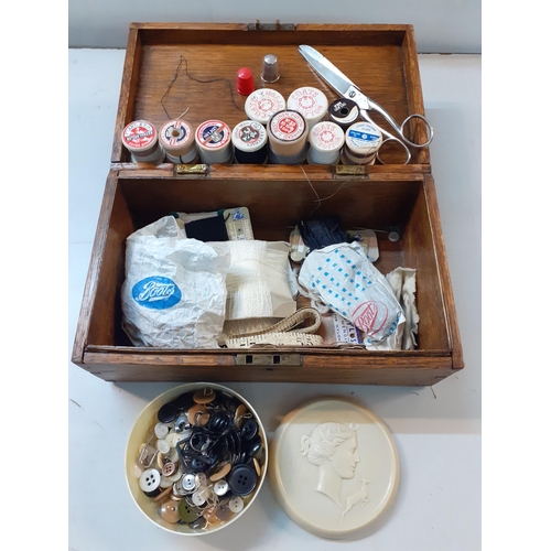 106 - A Victorian mahogany work box with fitted interior (no key) together with a vintage oak haberdashery... 