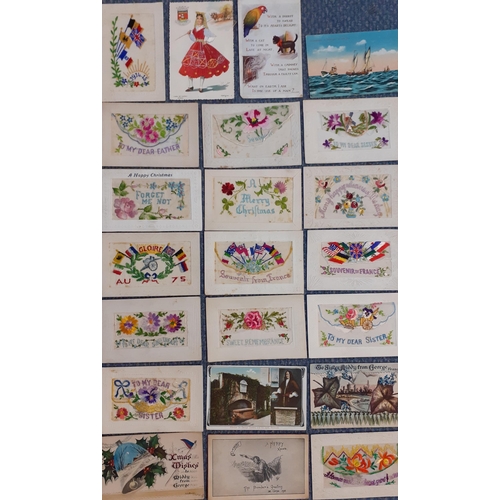 110 - A quantity of WW1 and later postcards and greetings cards to include embroidered examples, some with... 