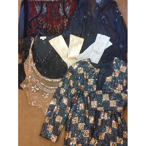 134 - Three heavily beaded and sequinned evening garments, 2 pairs of vintage gloves and a modern scarf. L... 