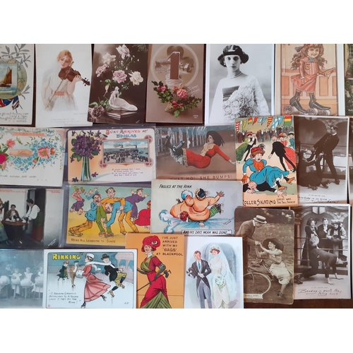 96 - A quantity of early 20th Century postcards to include fashion, roller skating and sweetheart example... 