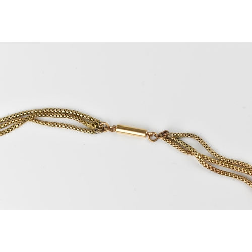 124 - A 9ct yellow gold three strand box chain necklace, with graduated strands joined by a bayonet clasp,... 