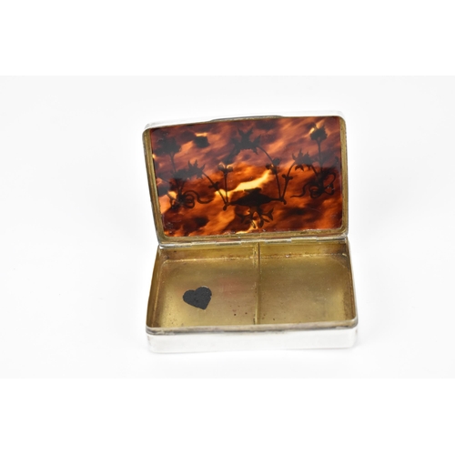 137 - A Victorian silver and tortoiseshell snuff box, London 1868, with pique work to the hinged lid desig... 