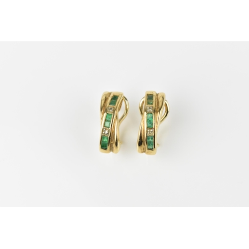 142 - A pair of 9ct yellow gold, diamond and emerald earrings, with channel set princess cut emeralds in s... 