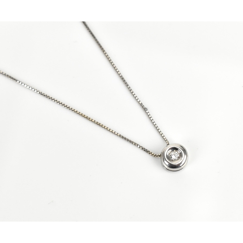 169 - An 18ct white gold and diamond necklace, with box chain, the pendant with central bezel-set brillian... 