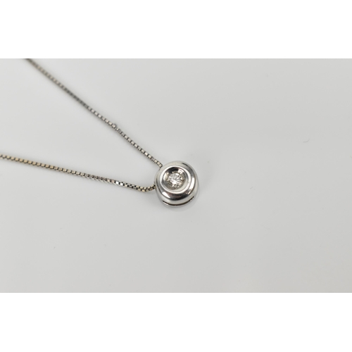 169 - An 18ct white gold and diamond necklace, with box chain, the pendant with central bezel-set brillian... 