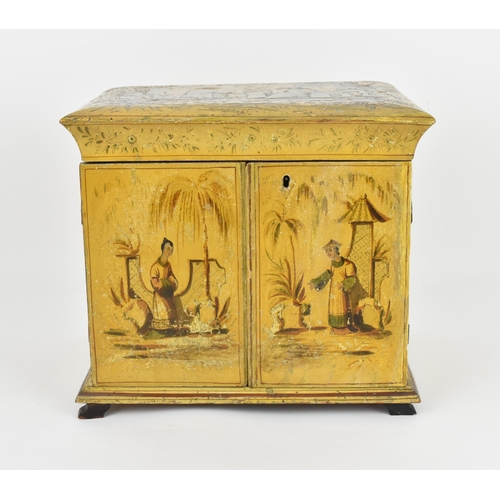 182 - A Regency period Chinoiserie yellow lacquered and painted vanity cabinet, with hinged lid decorated ... 