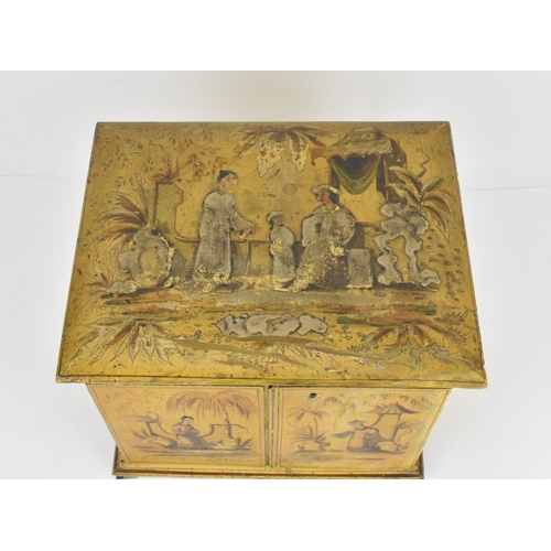 182 - A Regency period Chinoiserie yellow lacquered and painted vanity cabinet, with hinged lid decorated ... 