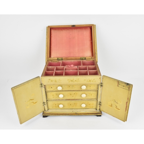 182 - A Regency period Chinoiserie yellow lacquered and painted vanity cabinet, with hinged lid decorated ... 