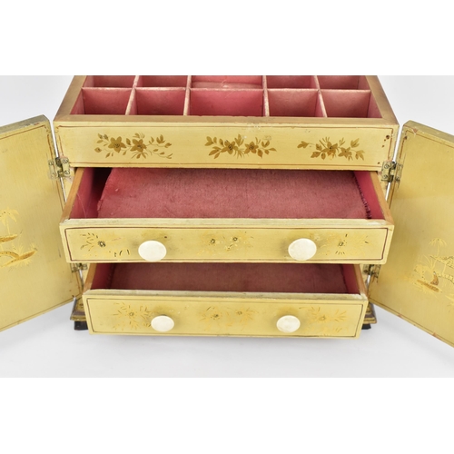 182 - A Regency period Chinoiserie yellow lacquered and painted vanity cabinet, with hinged lid decorated ... 