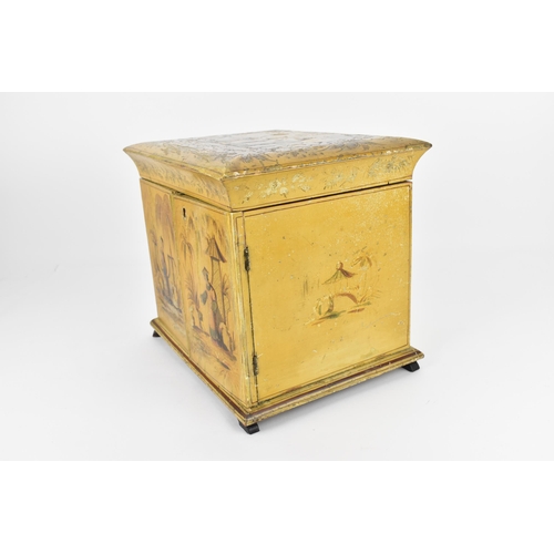 182 - A Regency period Chinoiserie yellow lacquered and painted vanity cabinet, with hinged lid decorated ... 