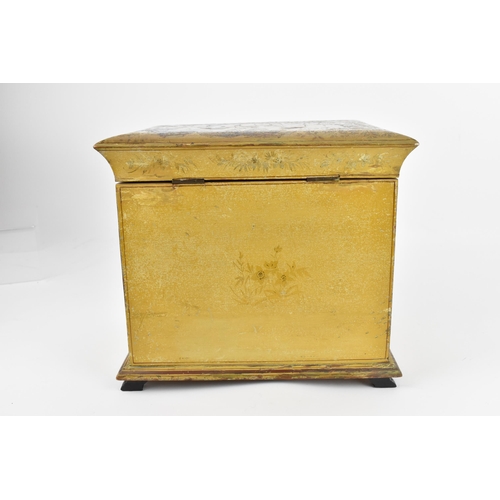 182 - A Regency period Chinoiserie yellow lacquered and painted vanity cabinet, with hinged lid decorated ... 