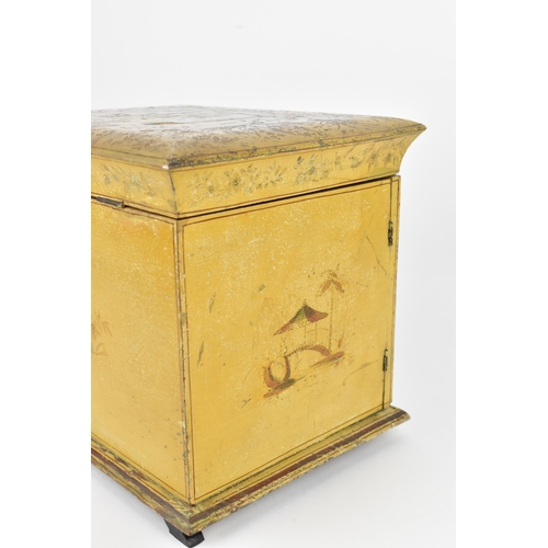 182 - A Regency period Chinoiserie yellow lacquered and painted vanity cabinet, with hinged lid decorated ... 