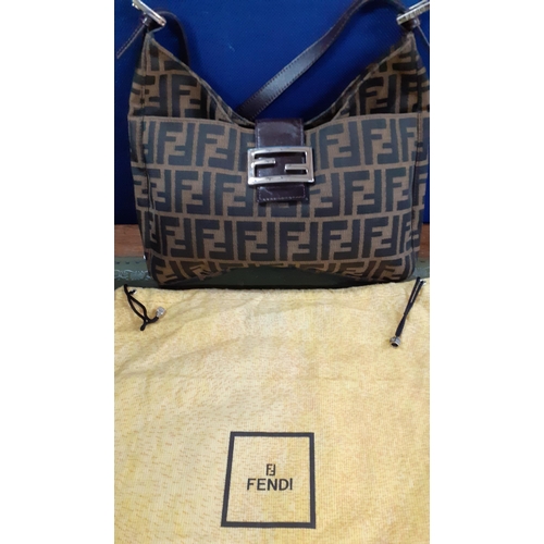 152 - A Fendi 'Baguette' brown shoulder bag in double FF monogram Zucca canvas with silver tone hardware, ... 