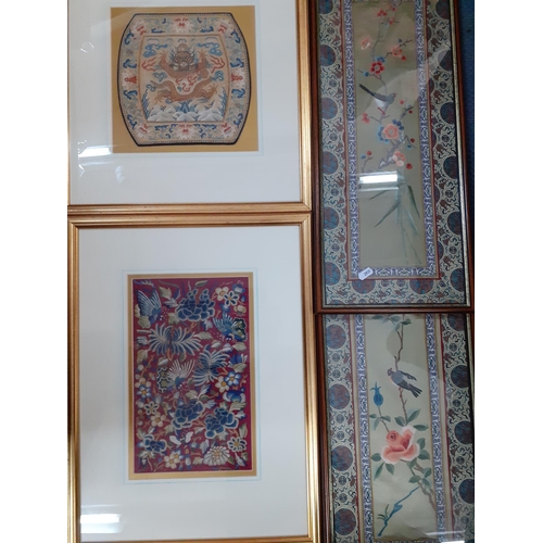 170 - Four framed Chinese panels, one a 19th Century hand embroidered clothing insertion of a 5-toed drago... 