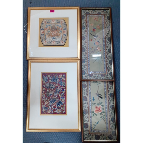 170 - Four framed Chinese panels, one a 19th Century hand embroidered clothing insertion of a 5-toed drago... 