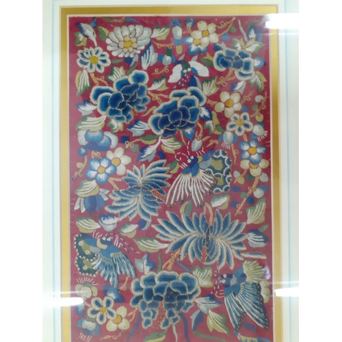 170 - Four framed Chinese panels, one a 19th Century hand embroidered clothing insertion of a 5-toed drago... 