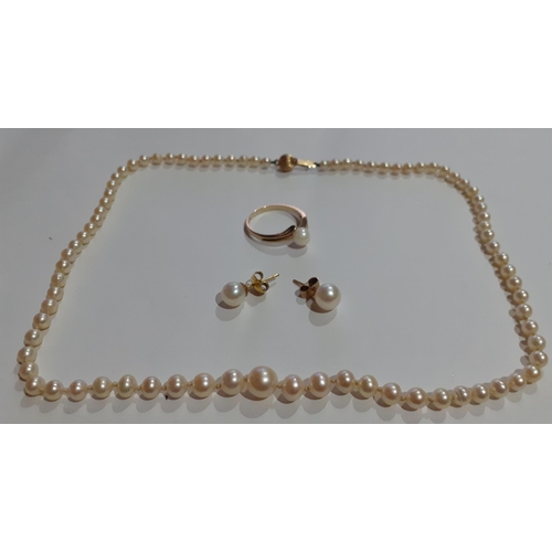 178 - A string of pearls with yellow metal clasp together with a 9ct gold and pearl solitaire ring and a p... 