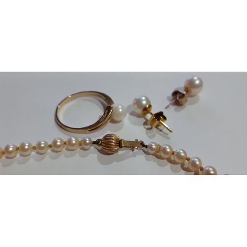 178 - A string of pearls with yellow metal clasp together with a 9ct gold and pearl solitaire ring and a p... 