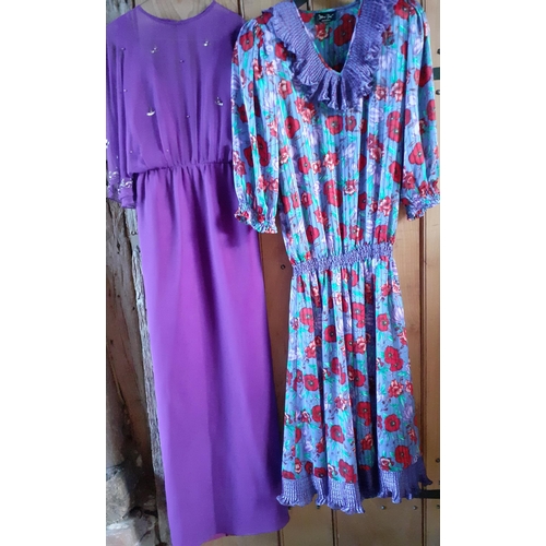 18 - Susan Small and Diane Fres-A 1970's purple chiffon Susan Small dress with beaded detail, 32