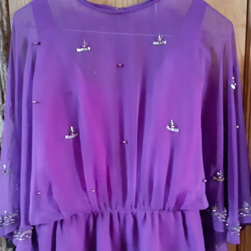 18 - Susan Small and Diane Fres-A 1970's purple chiffon Susan Small dress with beaded detail, 32