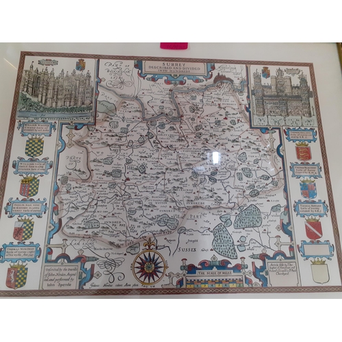 272 - A reproduction John Speede map of Surrey together with a John Gillespie Magee Jr aeronautical framed... 