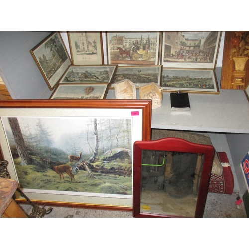 196 - A mixed lot of framed and glazed prints, brass picture stand, pair of plaster bookends depicting Lor... 