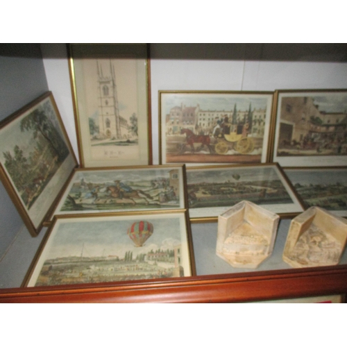 196 - A mixed lot of framed and glazed prints, brass picture stand, pair of plaster bookends depicting Lor... 