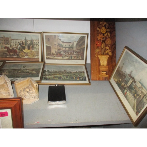 196 - A mixed lot of framed and glazed prints, brass picture stand, pair of plaster bookends depicting Lor... 