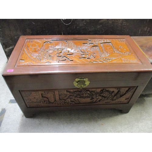 214 - A vintage Chinese camphor wood carved blanket chest Location: G