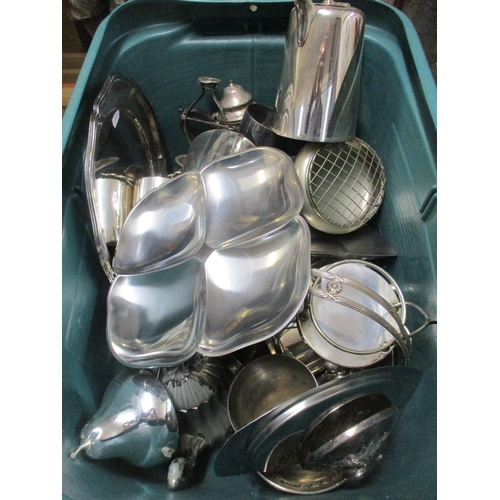 222 - Two boxed of mixed silver plate and stainless steel items to include a Vines serving dish, and a fis... 