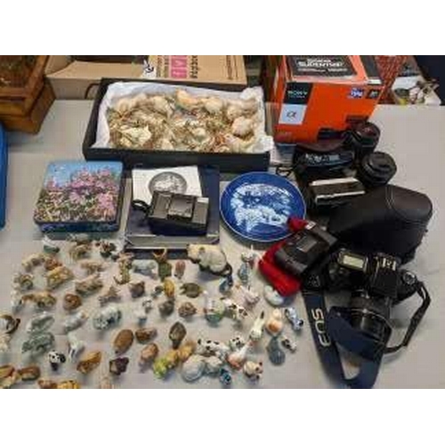 285 - A mixed lot to include miniature porcelain ornaments, Copenhagen Christmas plate, cameras to include... 