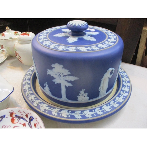 252 - A Wedgwood blue jasperware lidded cheese dish together with a 19th century engraved glass, lustre di... 