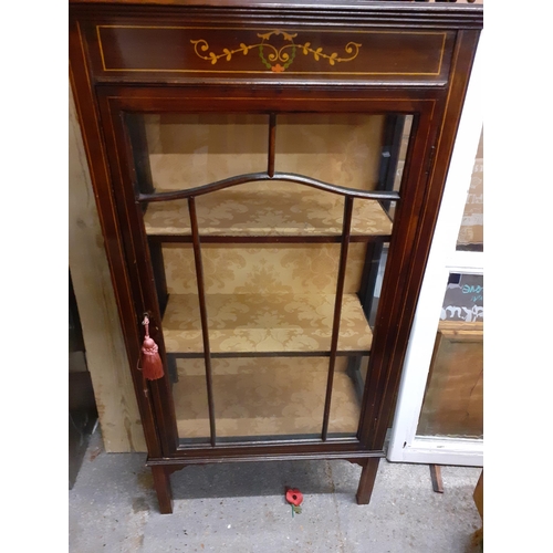 197 - An Edwardian mahogany display cabinet with painted floral decoration, glazed door with fabric lined ... 