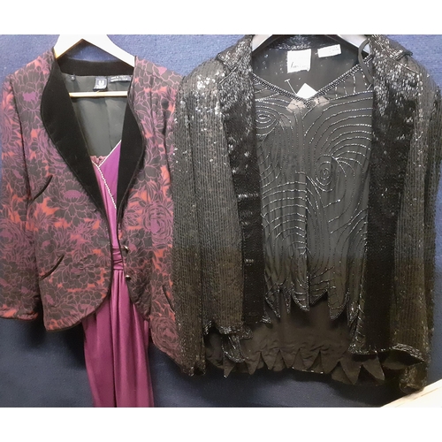 75 - Four items of late 20th Century ladies clothing comprising a Gabriella Linsiano heavily sequinned ev... 