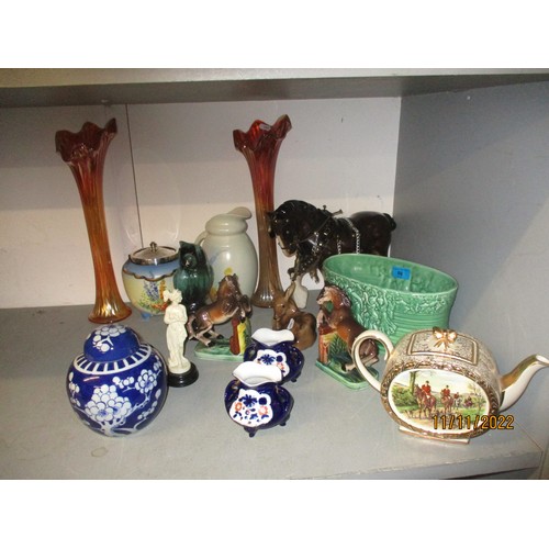 66 - A selection of ceramics and glassware to include an Elizabeth Radford jug, a Crown Ducal wash bowl, ... 