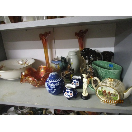 66 - A selection of ceramics and glassware to include an Elizabeth Radford jug, a Crown Ducal wash bowl, ... 