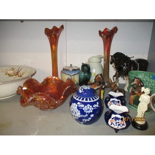 66 - A selection of ceramics and glassware to include an Elizabeth Radford jug, a Crown Ducal wash bowl, ... 