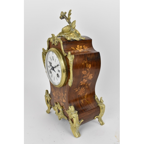 61 - A late 19th century French rosewood marquetry inlaid mantle clock having applied gilt metal floral m... 