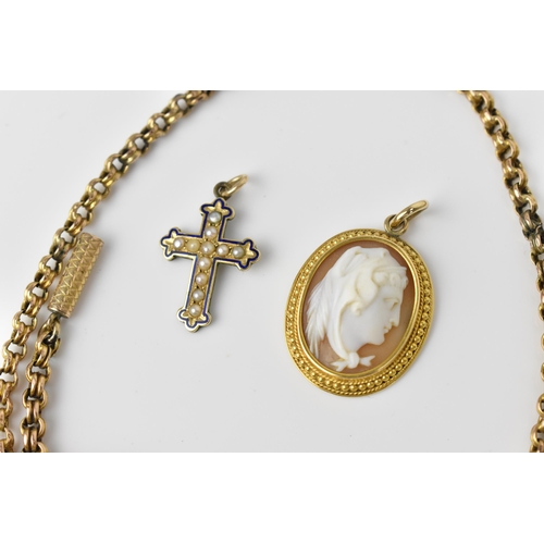 116 - A yellow metal rolo chain necklace, together with a yellow metal mounted cameo brooch with a female ... 