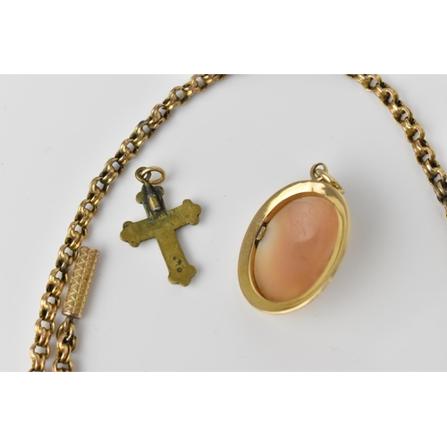 116 - A yellow metal rolo chain necklace, together with a yellow metal mounted cameo brooch with a female ... 