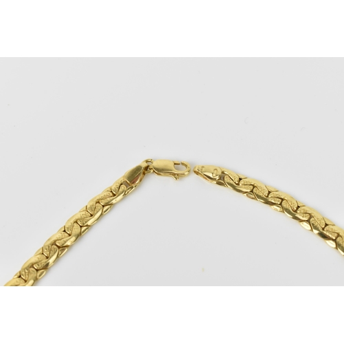 157 - An 18ct yellow gold flat link matinee length necklace, with pressed geometric pattern to the centre,... 