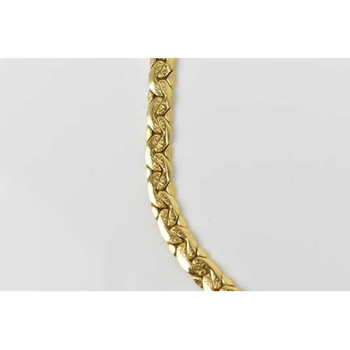 157 - An 18ct yellow gold flat link matinee length necklace, with pressed geometric pattern to the centre,... 