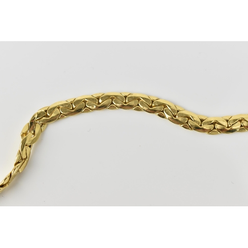 157 - An 18ct yellow gold flat link matinee length necklace, with pressed geometric pattern to the centre,... 