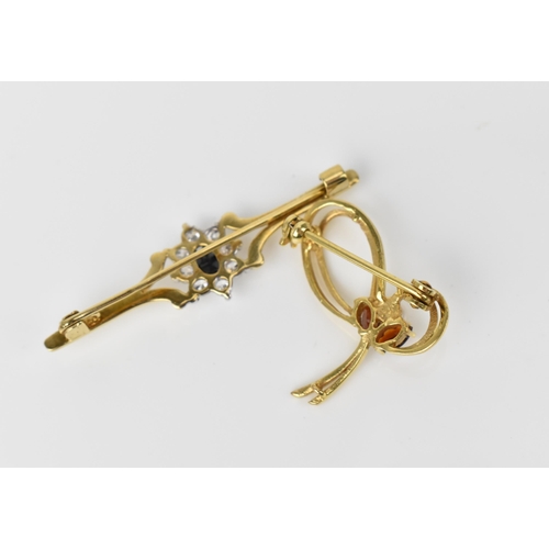 160 - A 9ct yellow gold, cubic zirconia and dark stone floral brooch, together with a 9ct yellow gold, pea... 