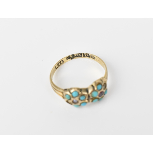 165 - A 9ct yellow gold Georgian double pansy ring, inset with turquoise cabochon, seed pearl and purple s... 