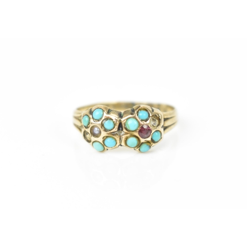 165 - A 9ct yellow gold Georgian double pansy ring, inset with turquoise cabochon, seed pearl and purple s... 