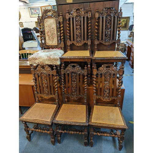 190 - A set of five late 19th century oak Carolean style barley twist support dining chairs together with ... 